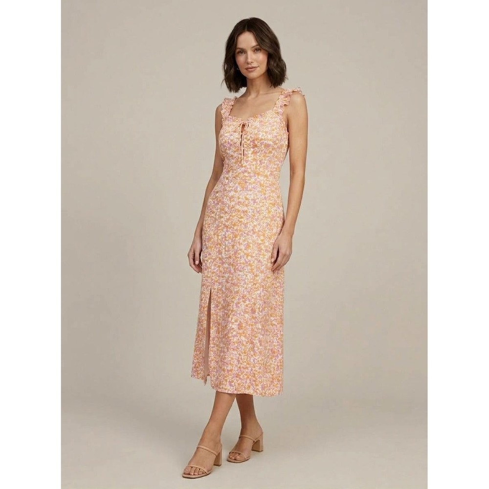 Japna Floral Midi Dress Orange Purple Ditsy Print Smocked Back Slit Small